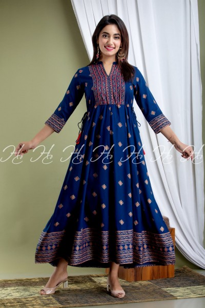 Blue Banarsi Printed Anarkali Party Wear with Mandarin Collar and Side Knot