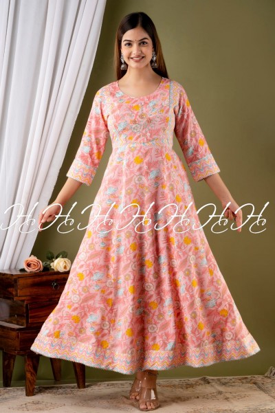 Baby Pink Floral Printed Kurti with Round Neck and Laces
