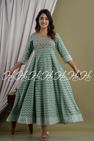 Sea Green Floral Printed and Lace Cotton Kurti