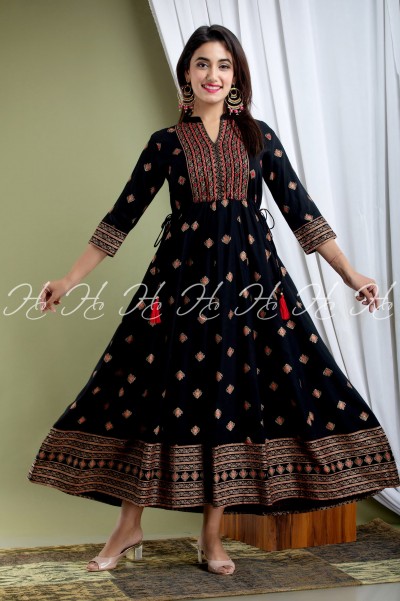 Navy Blue Banarsi Printed Anarkali Party Wear with Mandarin Collar and Side Knot