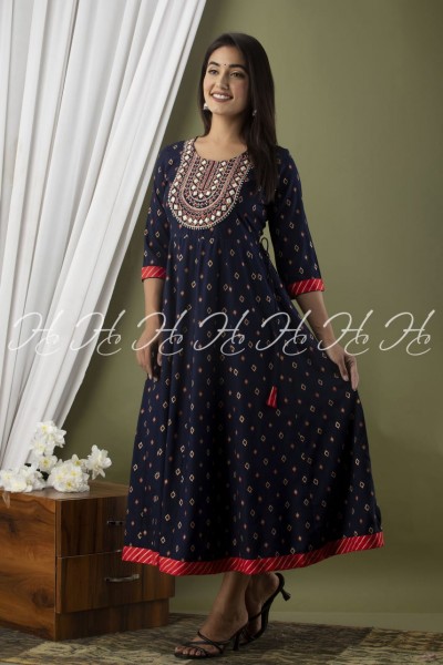 Navy Blue Side Knot Embroidered Kurti with Narrow Red Lace Border