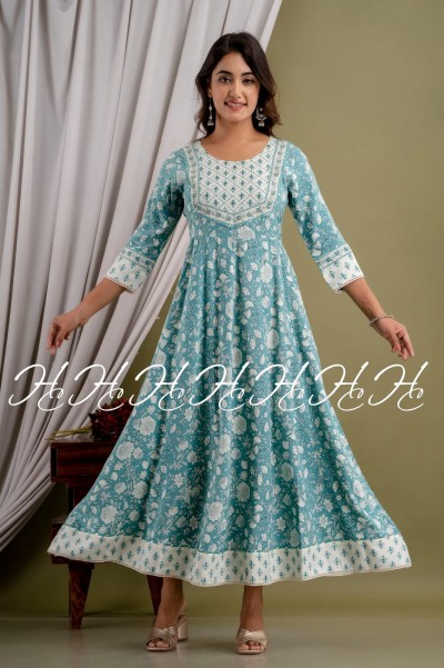 Sky Blue Floral Printed Kurti with Lace Round Neck