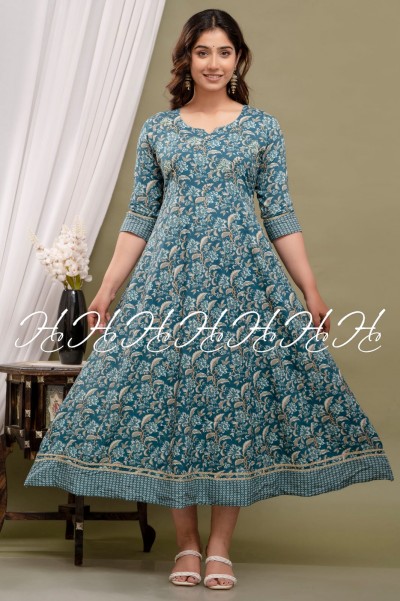 Prussian (Blue) Lace Printed Kurtis with Sweetheart Neck Design