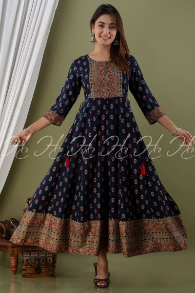Dark Space Blue Banarsi Printed Party Wear Anarkali with Wide Border and Round Neck