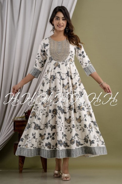 Anchor Floral Printed and Lace Cotton White Kurti