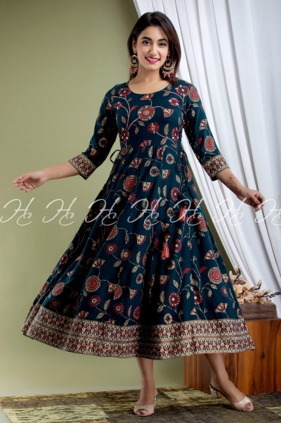 Navy Blue Floral Printed Anarkali Party Wear with Round Neck and Side Knot