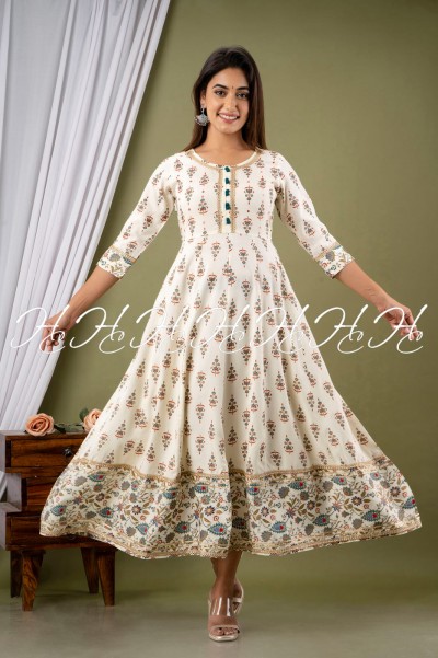 Printed White Kurtis with Narrow Lace Wide Border and Round Neck