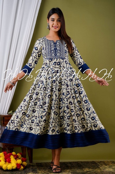 Navy Blue Sweetheart Neck Anarkali Kurti with Wide Border at Bottom