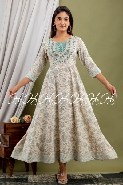 White and Blue Floral Printed and Lace Cotton Kurti with Round Neck