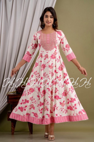 Pink Floral Printed and Lace Cotton White Kurti
